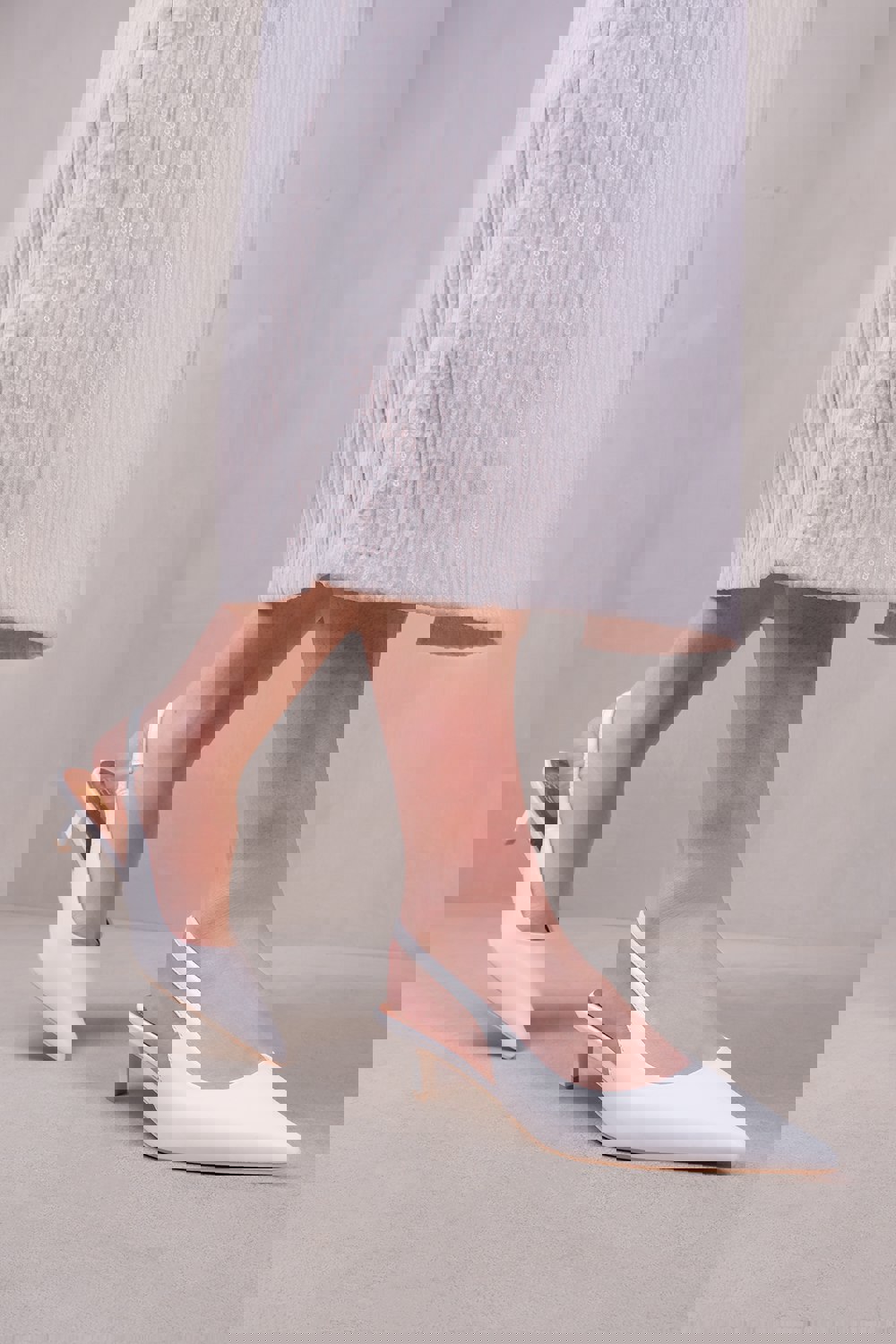 Where's That From New Form Low Kitten Heels With Pointed Toe & Elastic Slingback in White Faux Leather