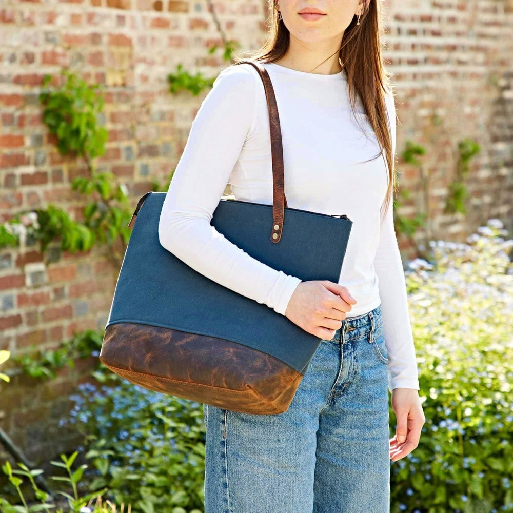 Paper High Buffalo Leather And Blue Canvas Tote Bag