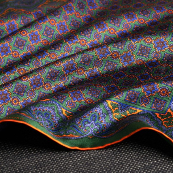 Millefiori silk pocket square in green, blue & orange by Otway & Orford