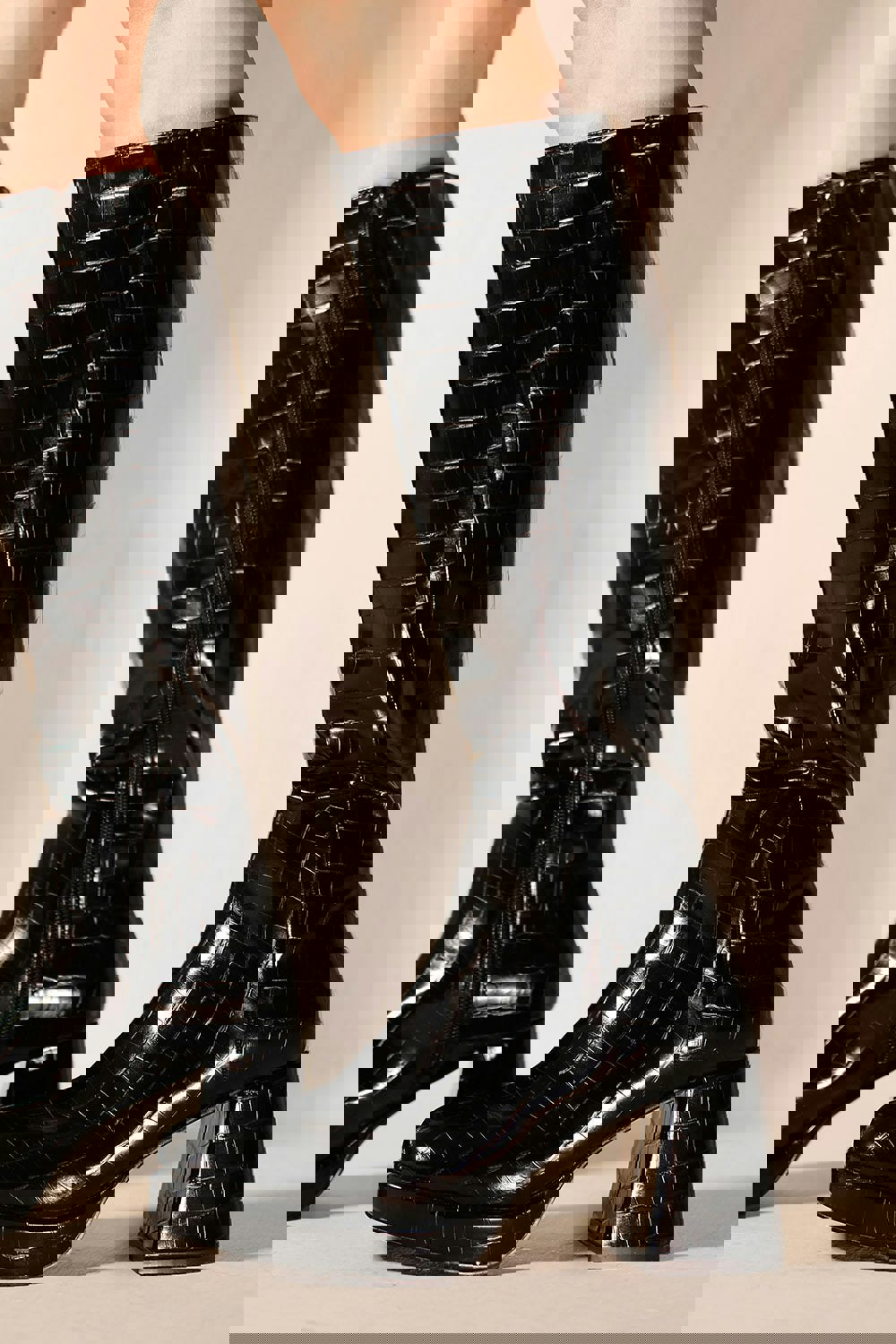 Where's That From Avril Block Heel Calf High Boots With Side Zip in Black Croco Faux Leather