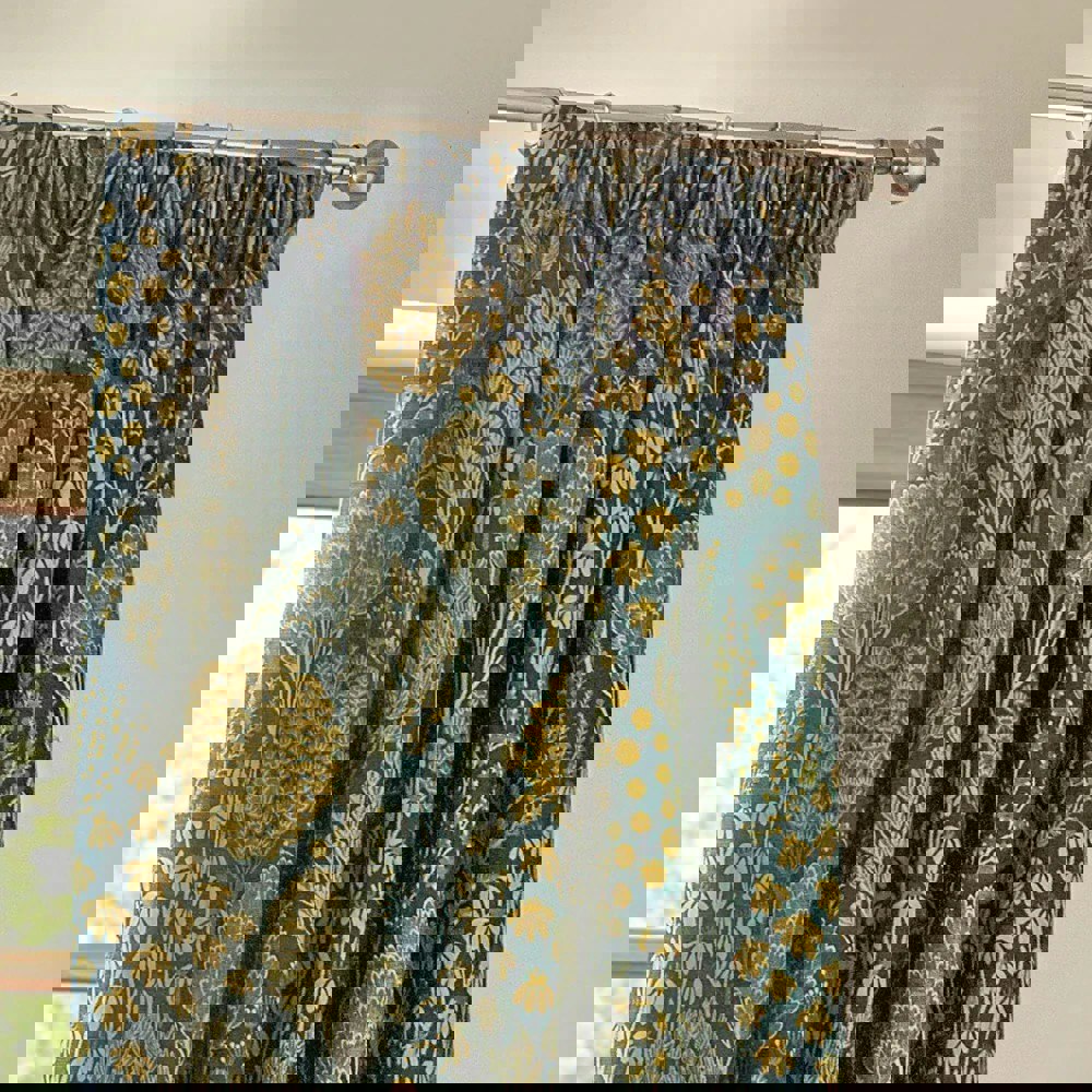 Wylder Ophelia Jacquard Floral Pencil Pleat Curtains - Blue/Saffron
