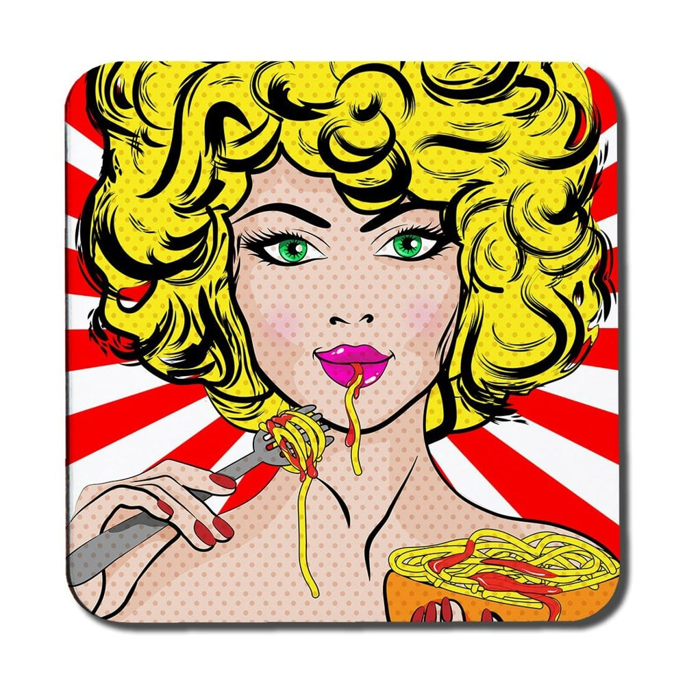 Benjamin Tate Design Pop Art Young woman Eating Spaghetti (Coaster)