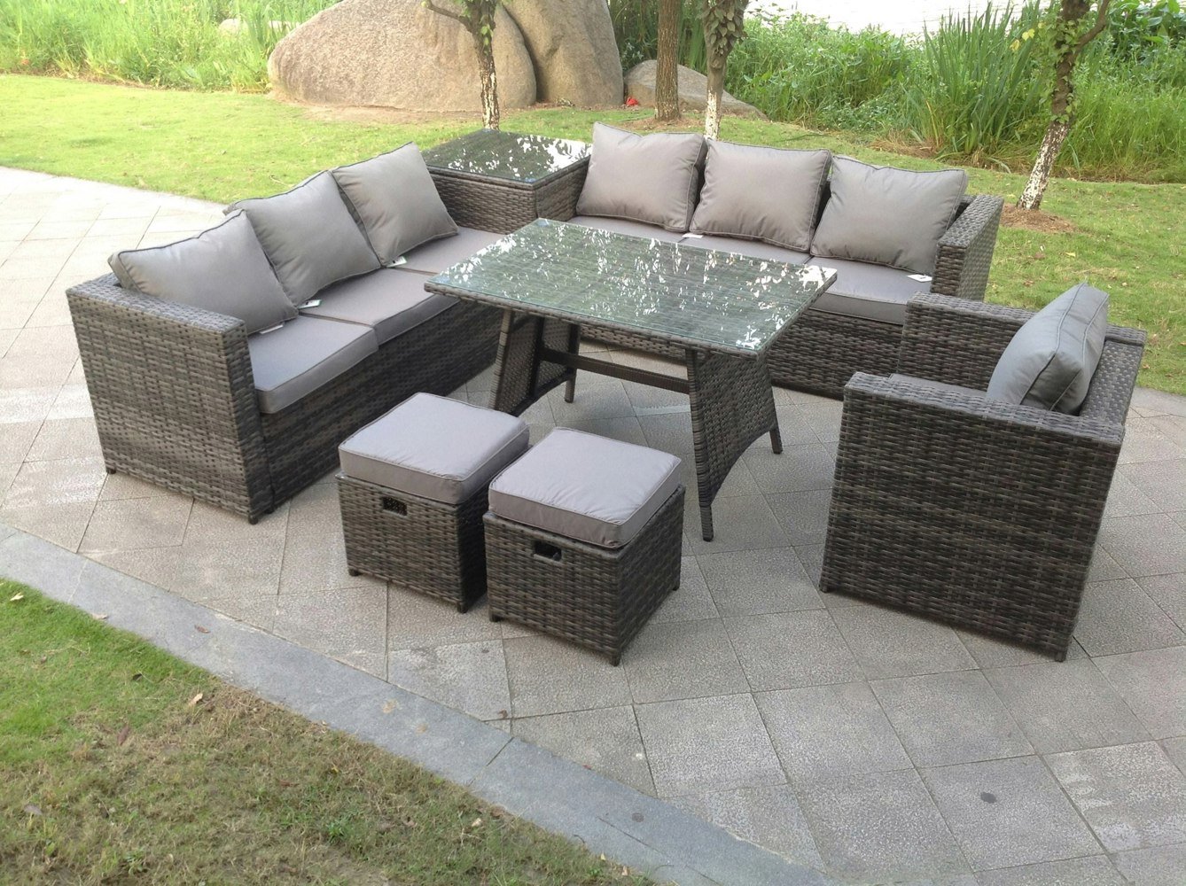 Fimous 7 Seater Grey Rattan Corner Sofa Set 2 Table Armchair Footstool Garden Furniture Outdoor