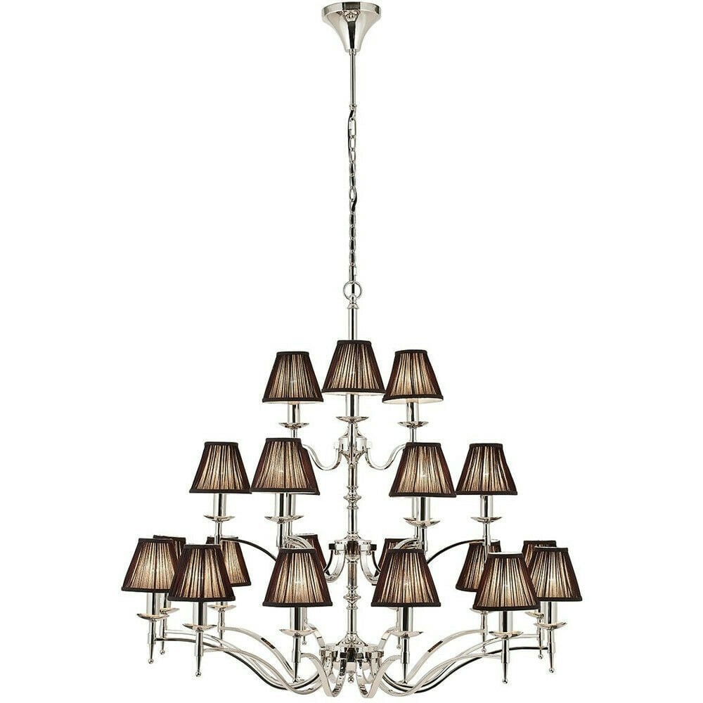 Avery Ceiling Pendant Chandelier Light 21 Lamp Bright Nickel & Black Pleat Shade Loops