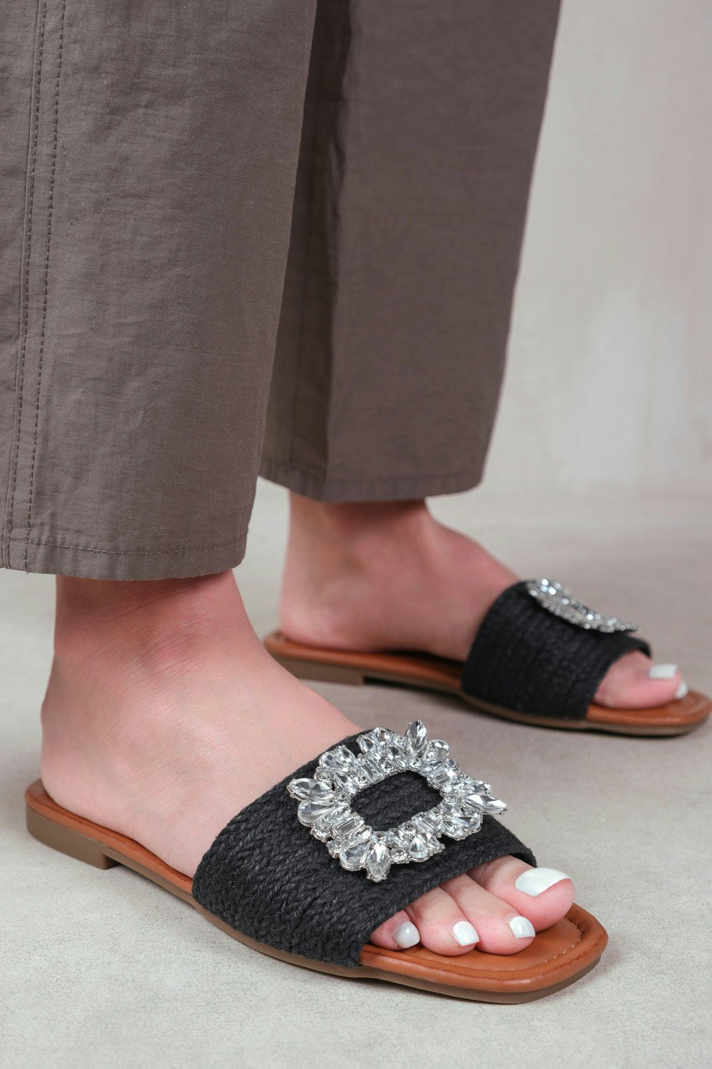 Where's That From Farrah Flat Sandals With Embellished Detail Single Band in Black