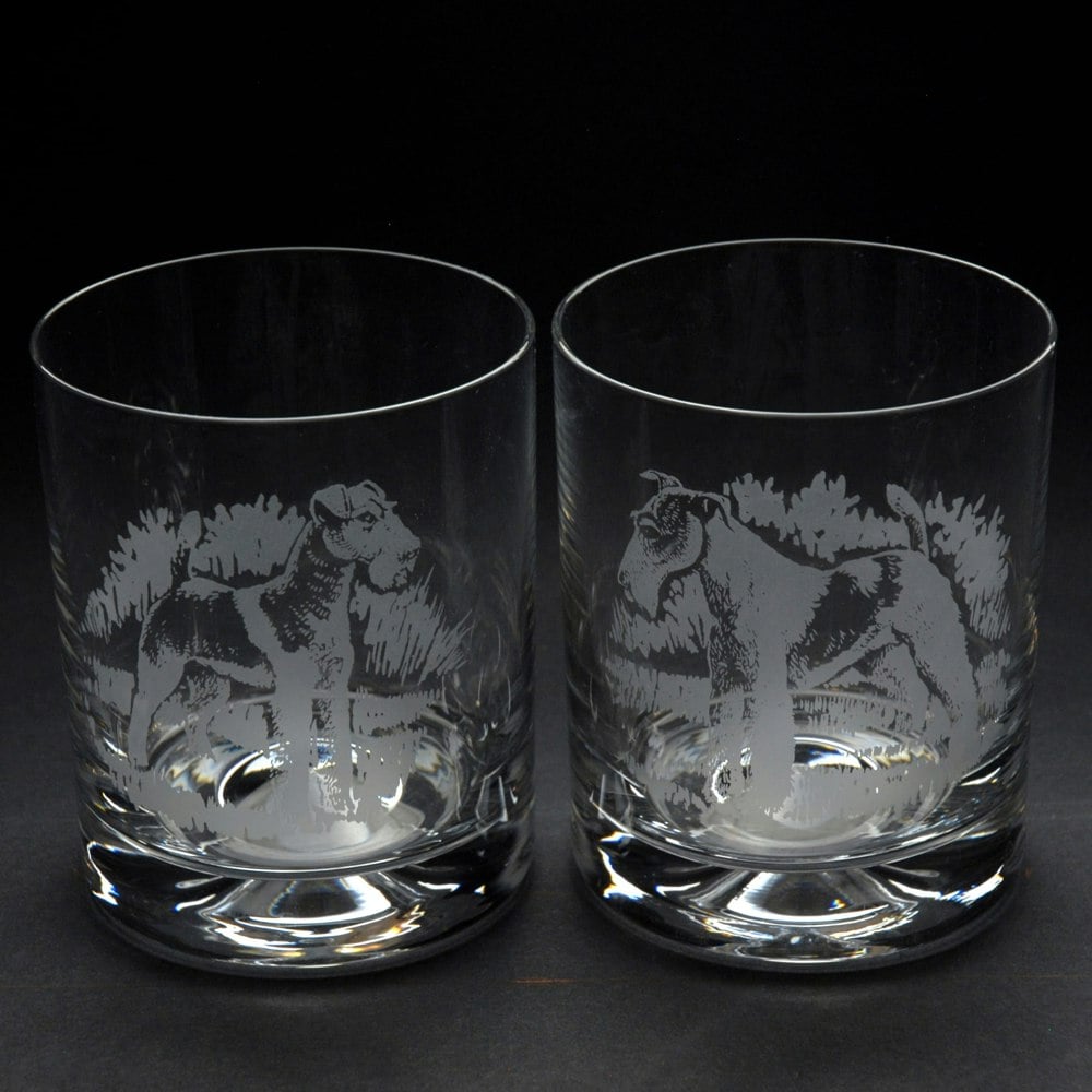 Glyptic Glass Art Wire Fox Terrier Dog Whiskey Tumbler Glass - Hand Etched/Engraved Gift