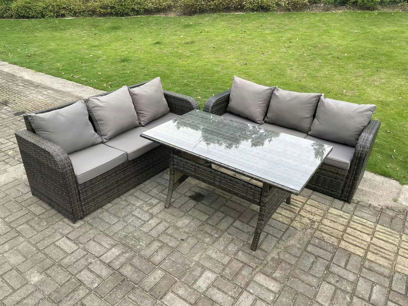 Fimous Dark Grey PE Wicker Rattan Garden Furniture Set Lounge Sofa 3 Seater Sofa Set Outdoor Rectangular Dining Table 6 Seater