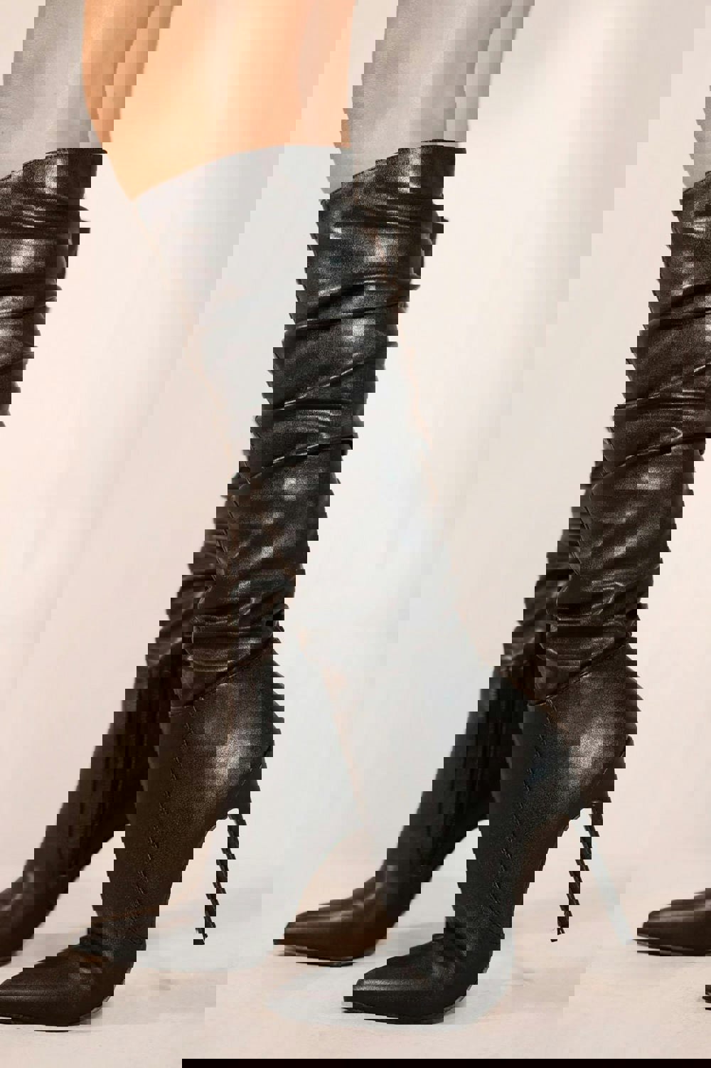 Where's That From Londyn Stiletto Ruched Knee High Boots With Pointed Toe in Black Faux Leather