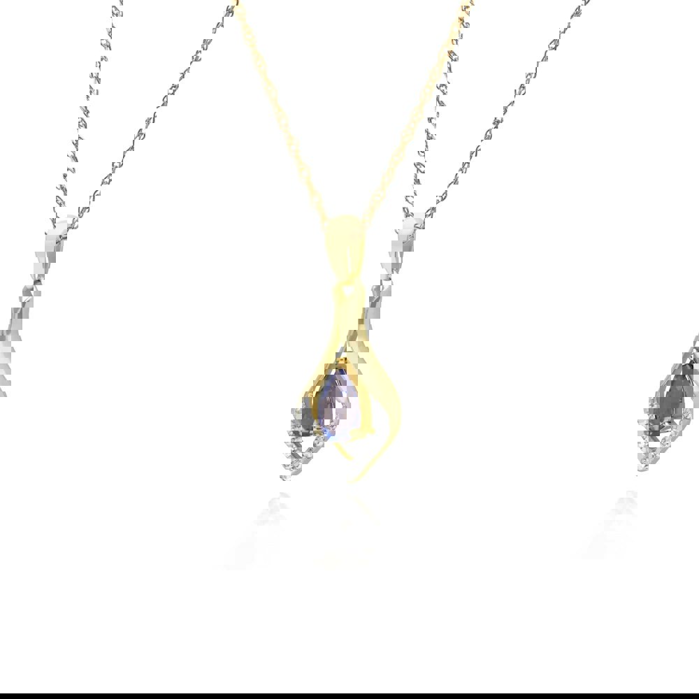 135P1915099 Classic Pear Tanzanite & Three Diamond Leaf Halo Pendant in 9ct Yellow Gold 2