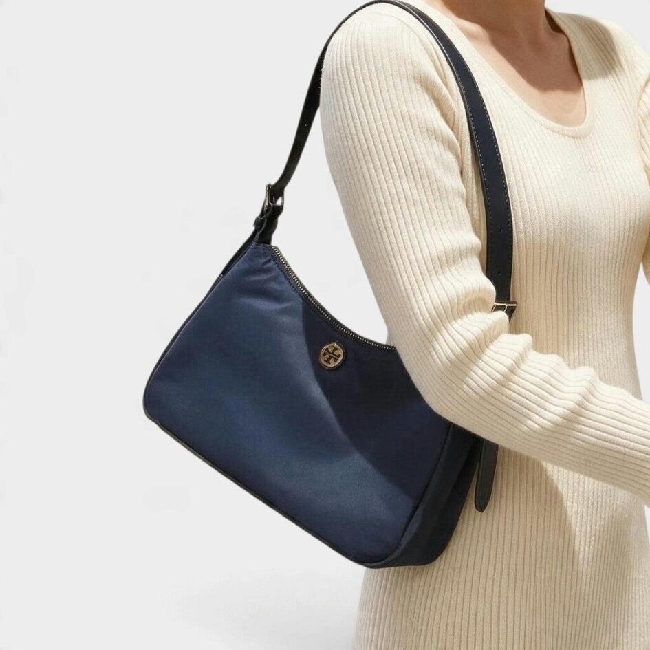 Tory Burch Nylon Zip Top Shoulder Bag Navy Blue