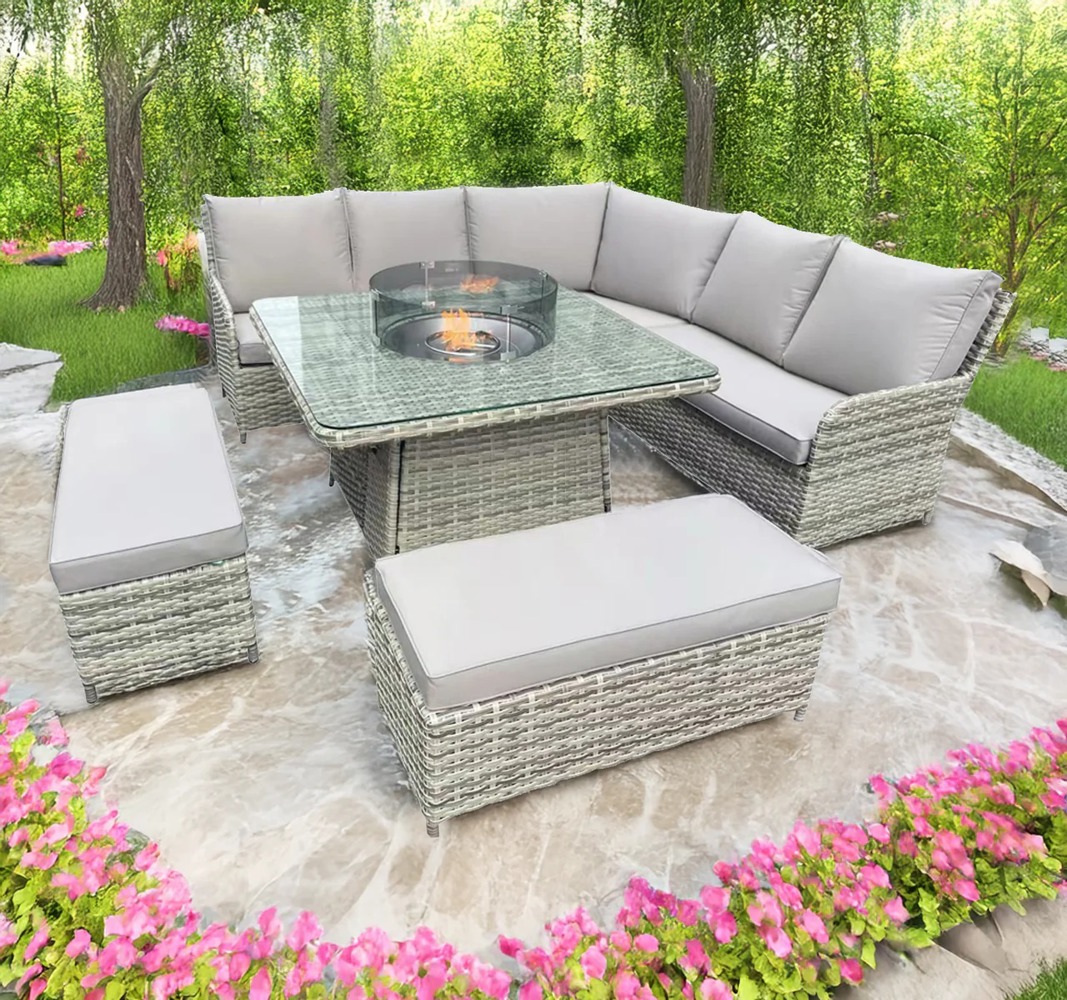 Furnishings For Less L Shaped 9 Seater Beige Rattan Patio Set With Fire Pit