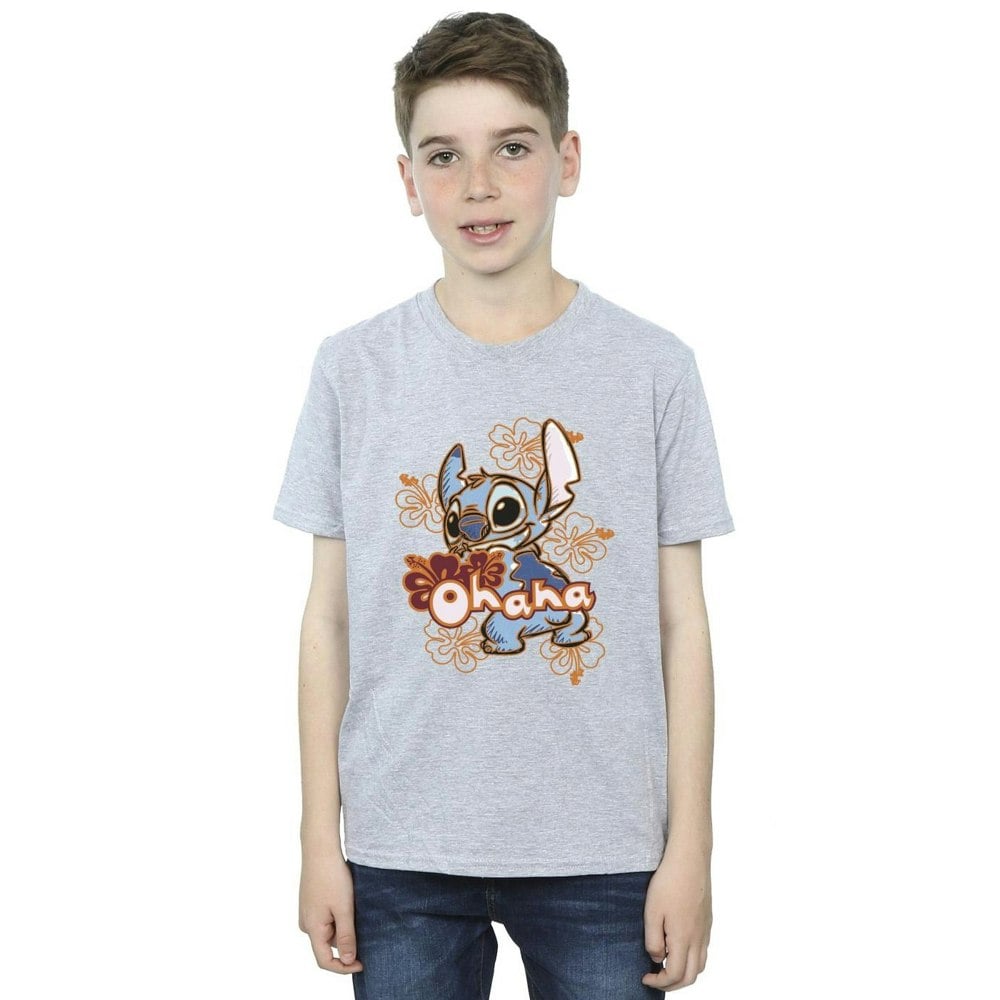 Disney Boys Lilo And Stitch Ohana Orange Hibiscus T-Shirt - Sports Grey