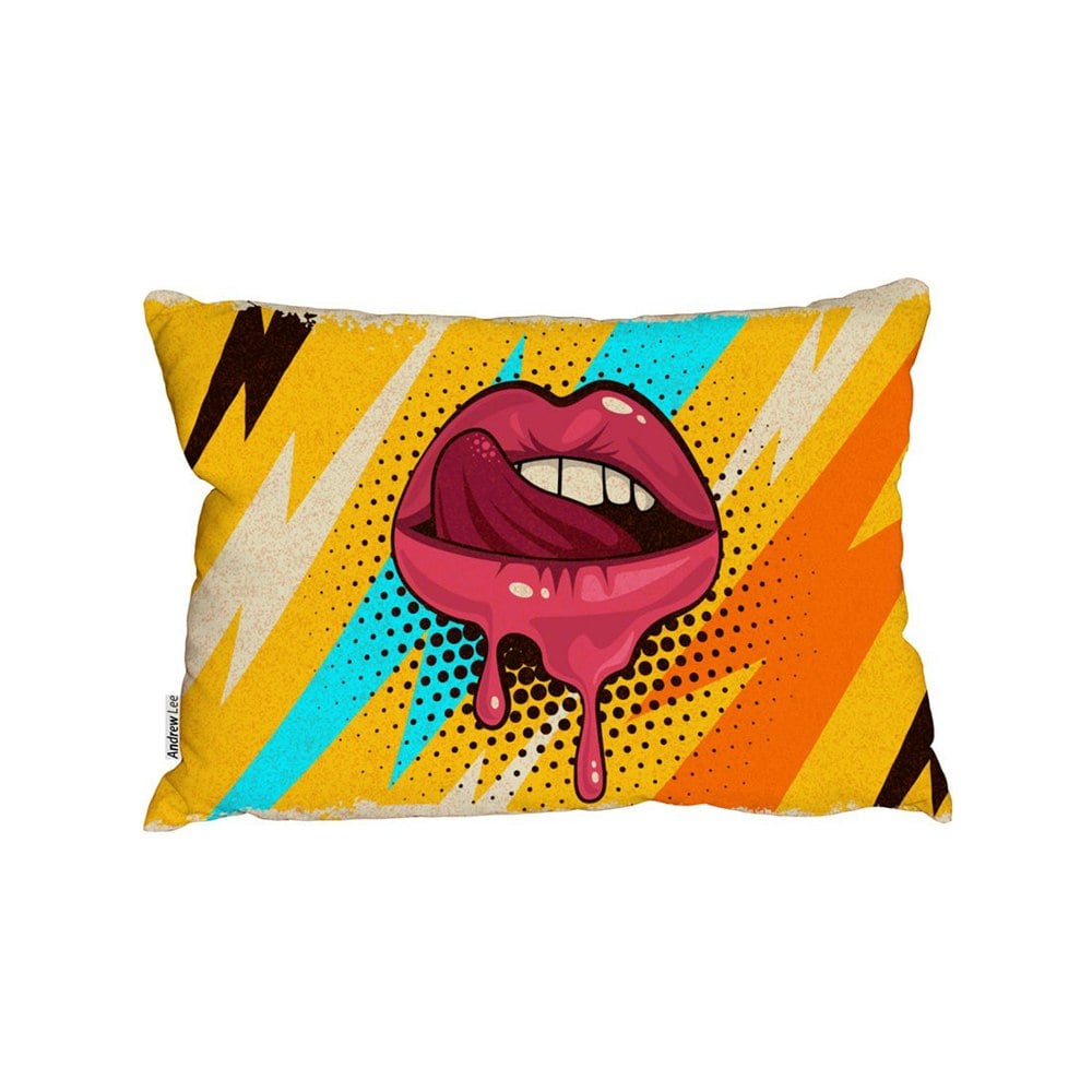 Benjamin Tate Design Pink, Red Lips, Mouth And Tongue Icon On Pop Art Retro Vintage Colorful Background (Outdoor Cushion)