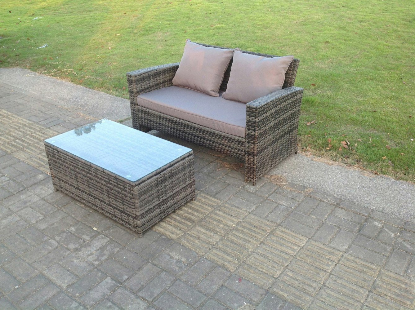 Fimous Dark Mixed Grey High Back Rattan Garden Furniture 2 Seater Love Seat Sofa With Oblong Coffee Table