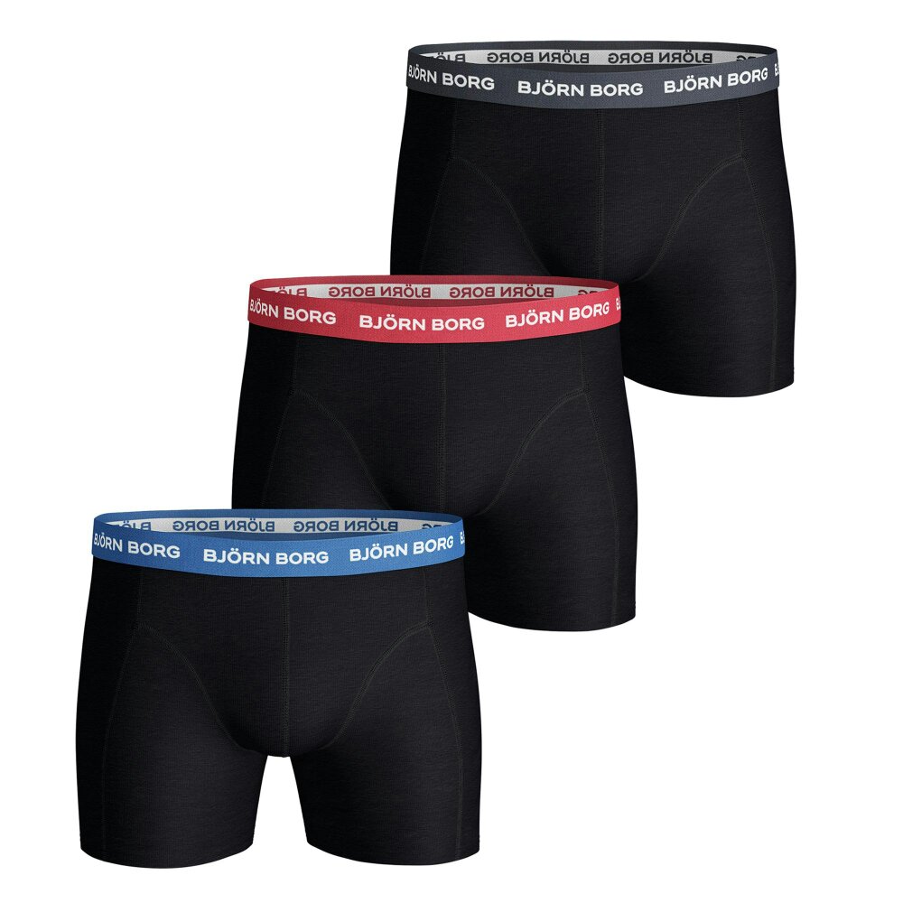 Bjorn Borg 3 Pack Mens Cotton Stretch Boxers Soft Everyday Underwear Shorts - Black (Coloured Band)