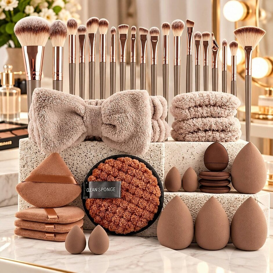 Dyzi Makeup Brush Set with Soft Brushes, Beauty Blenders & Puffs Gift Set