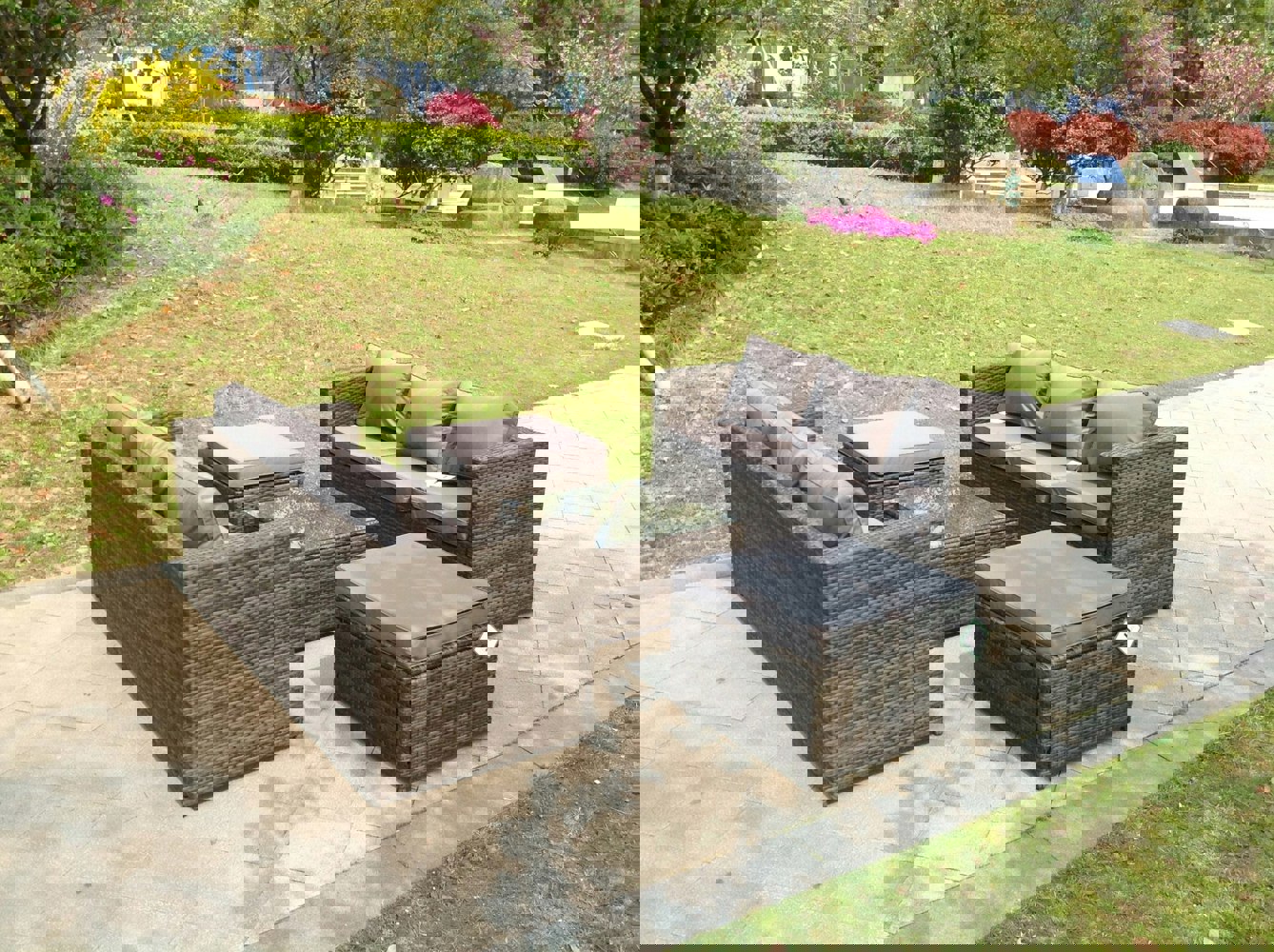 Fimous Rattan Garden Furniture Sets With 3 Seater Sofa Square Coffee Table And 2 PC Big Footstools