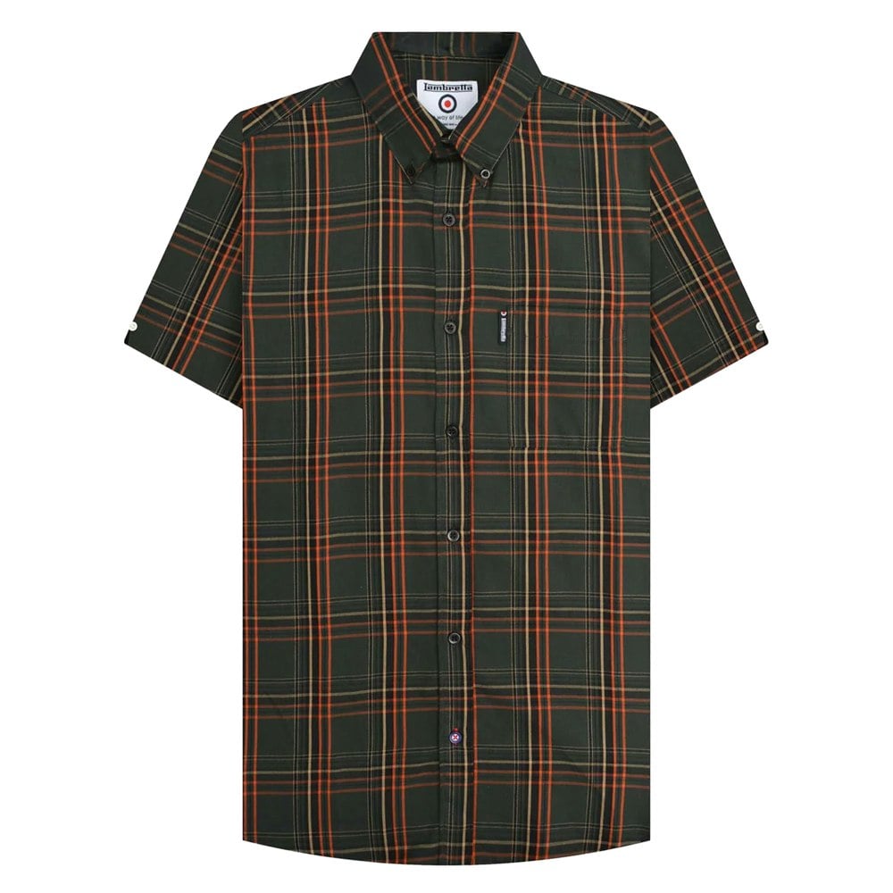Lambretta Mens SS25 Checked Shirt - Khaki Green/Orange
