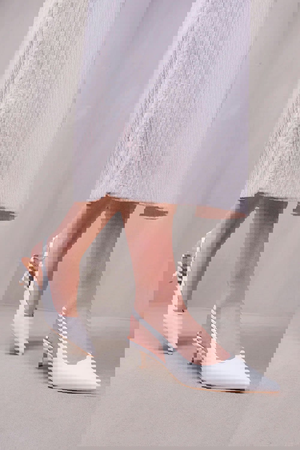 Where's That From New Form Wide Fit Low Kitten Heels With Pointed Toe & Elastic Slingback in White Faux Leather