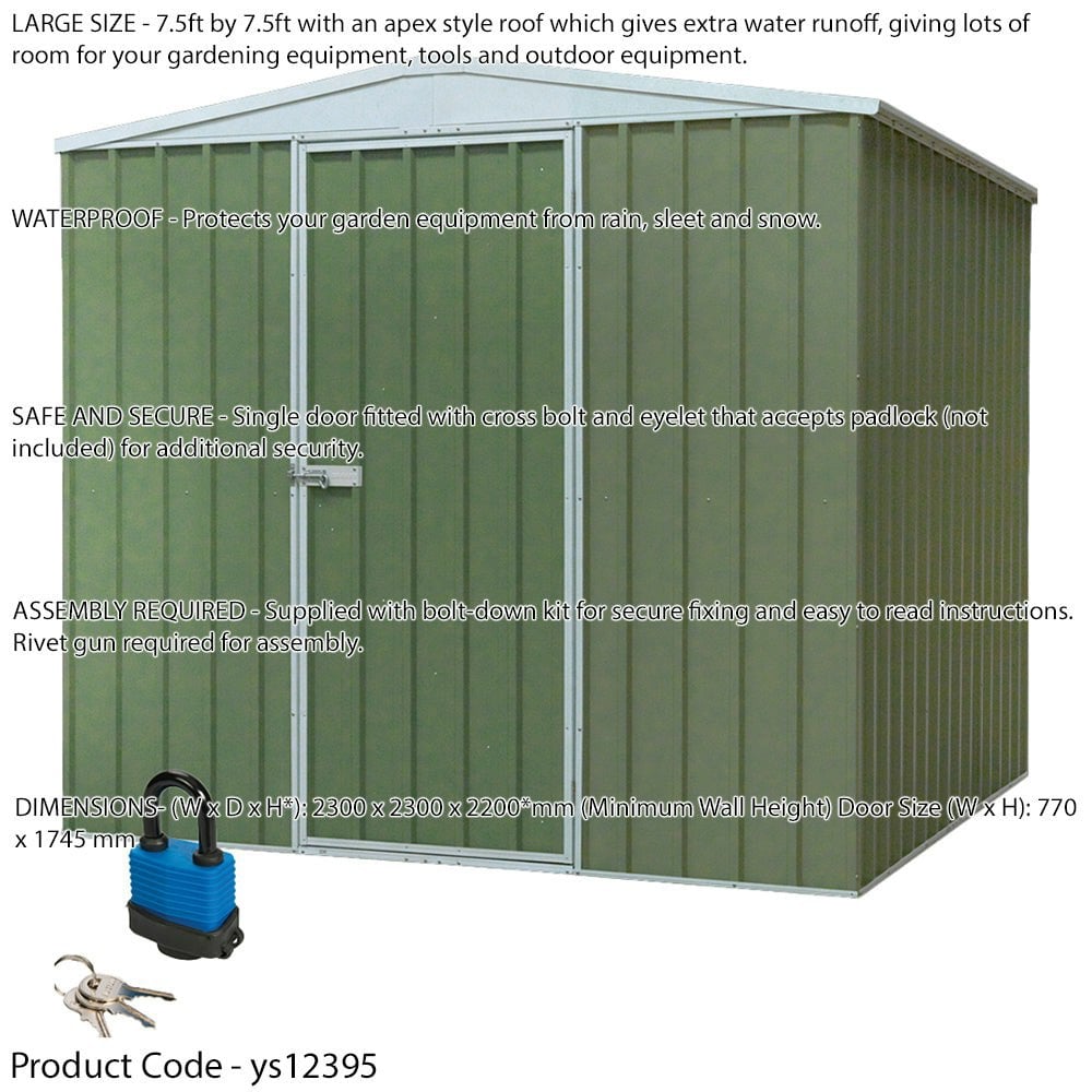 230x230cm Galvanised Steel Garden Shed - Outdoor Metal Storage & Padlock - Green - LoopsDirect