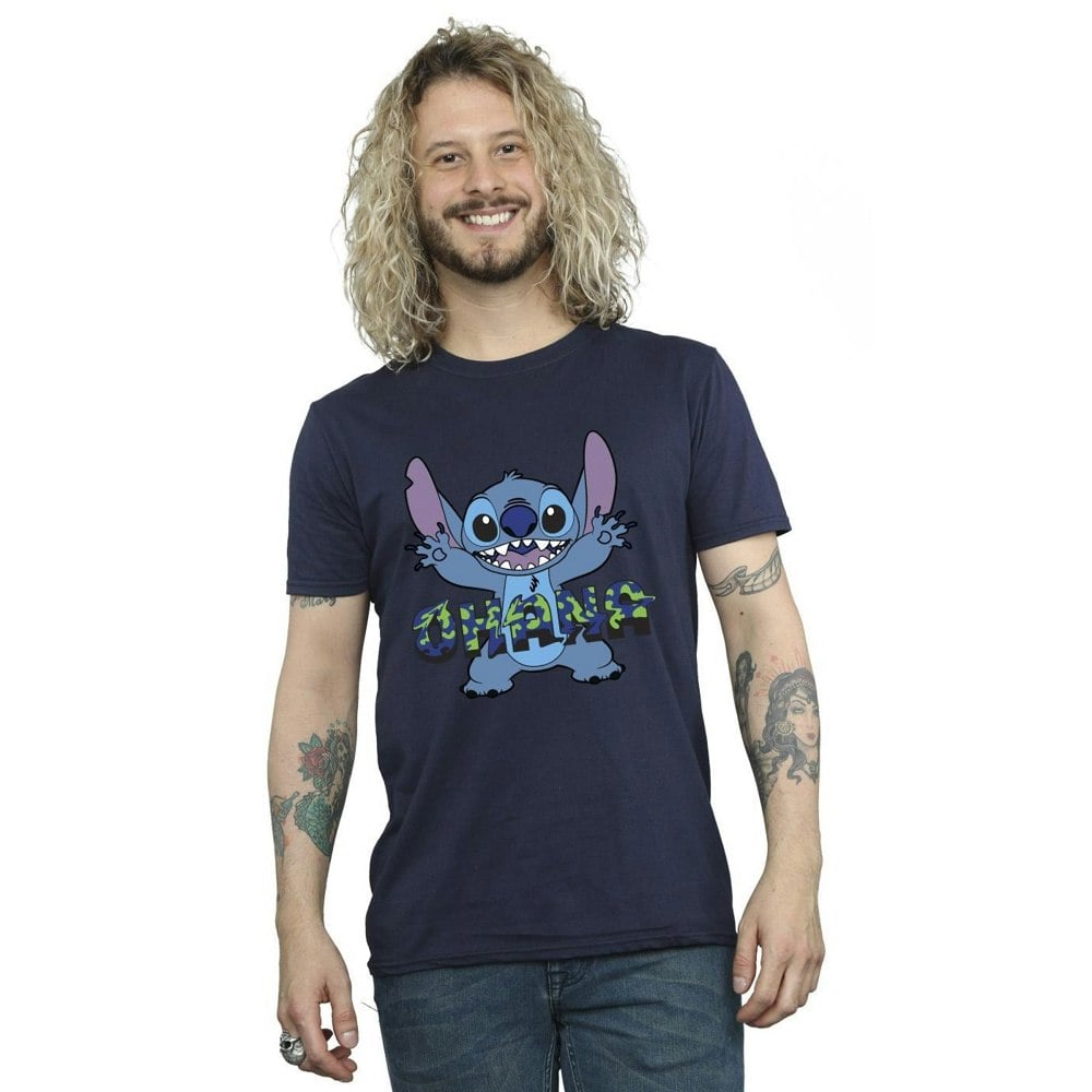 Disney Mens Lilo And Stitch Ohana Blue Glitch T-Shirt - Navy Blue