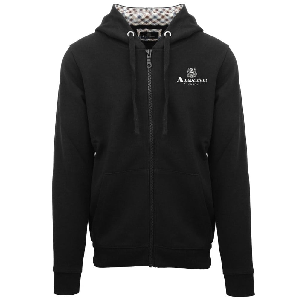 Aquascutum London Embossed Signature Logo Zip-Up Hoodie - Black