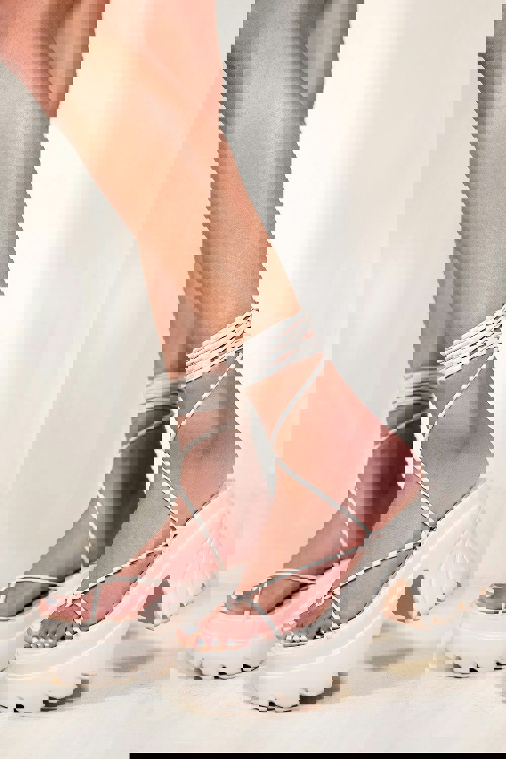 Where's That From Ada Chunky Strappy Sandals With Toe Thong & Lace Up Details in Ivory Cream Faux Leather