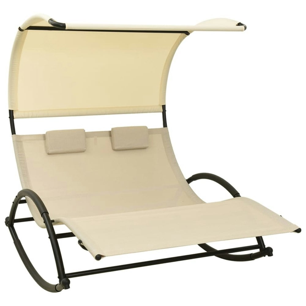 Berkfield Double Sun Lounger with Canopy Textilene Cream