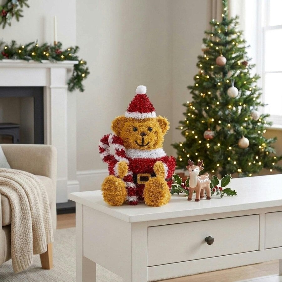 Garden Greatness Sparkly Tinsel Santa Bear Festive Figure