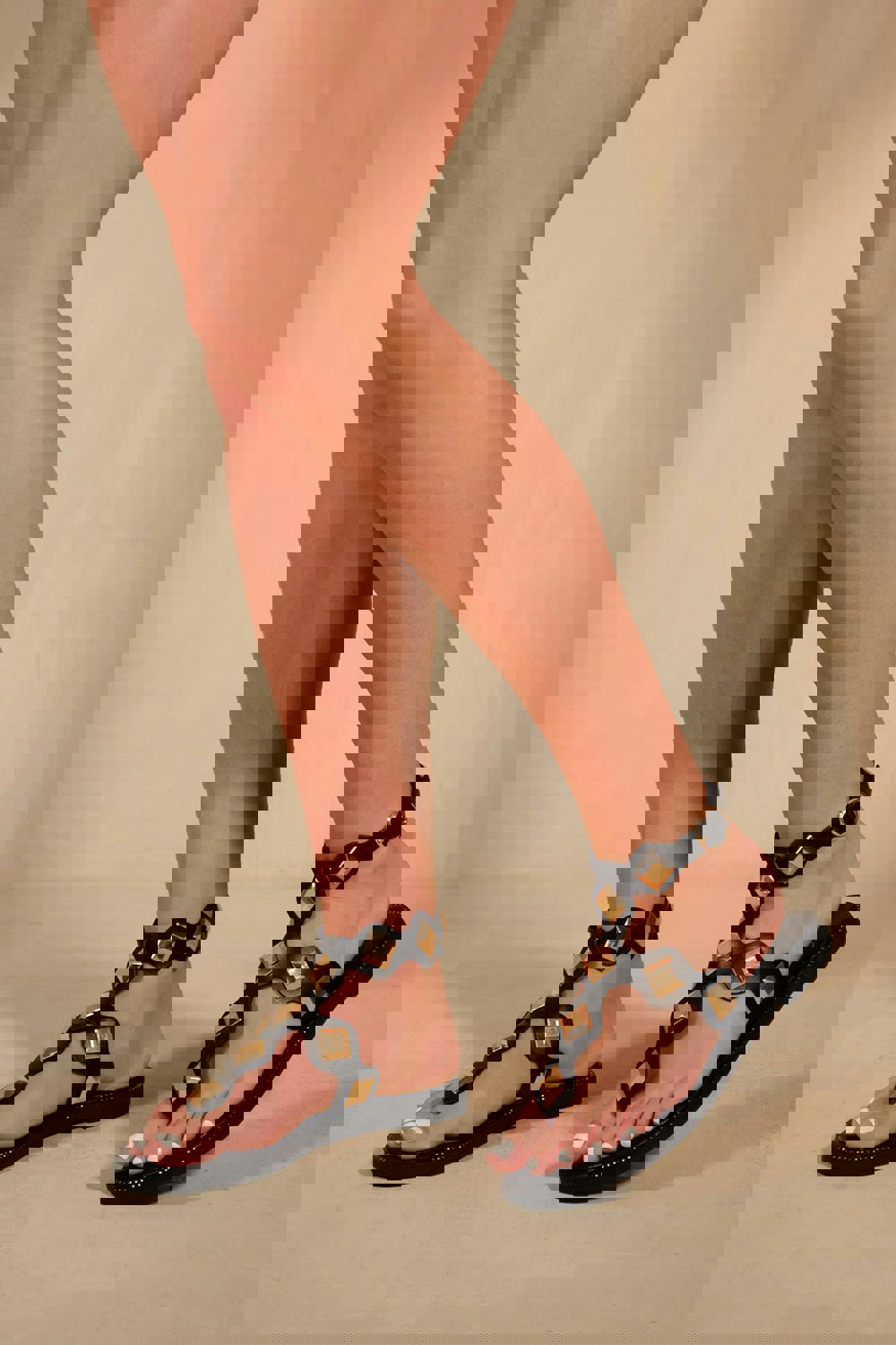 Where's That From Sharyn Toe Post Sandals With Ankle Strap and Studs in Black Faux Leather