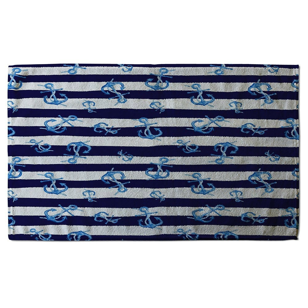 Benjamin Tate Design Blue Anchors on Navy Striped Background (Bath Towel)