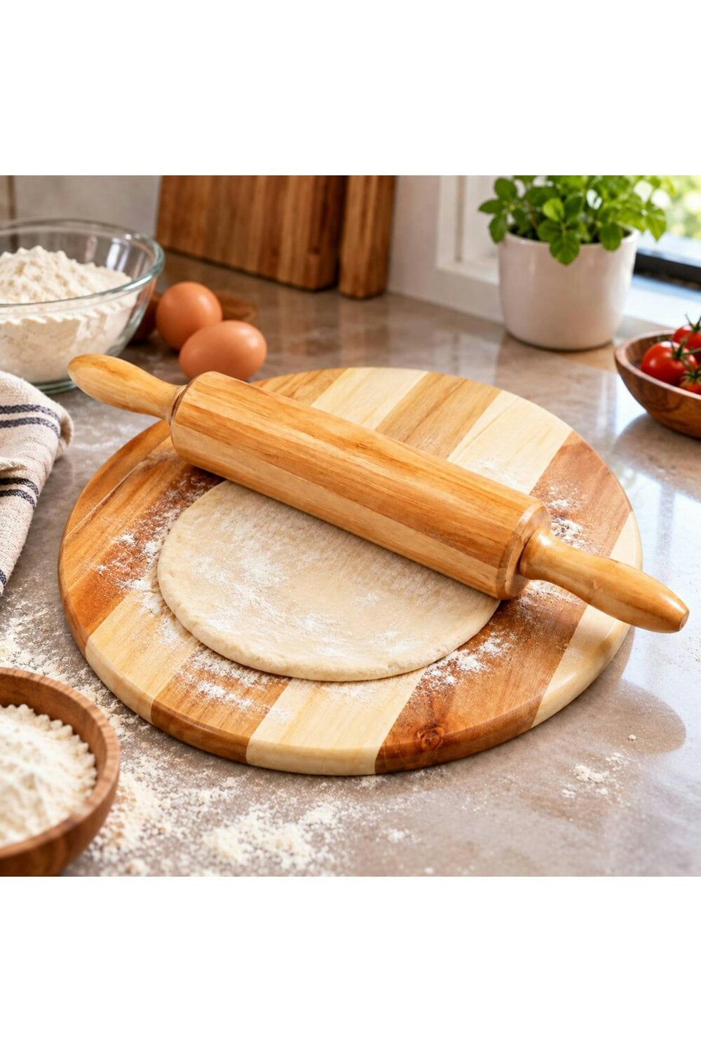 Dyzi Wooden Rolling Pin and Round Chopping Board Kitchen Set Natural Wood