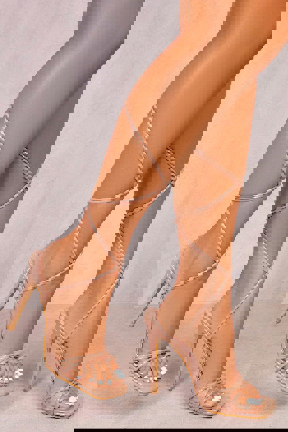Where's That From Gemma High Heels With a Tie Leg Detail and Toe Post in Caramel Mocha Patent Faux Leather