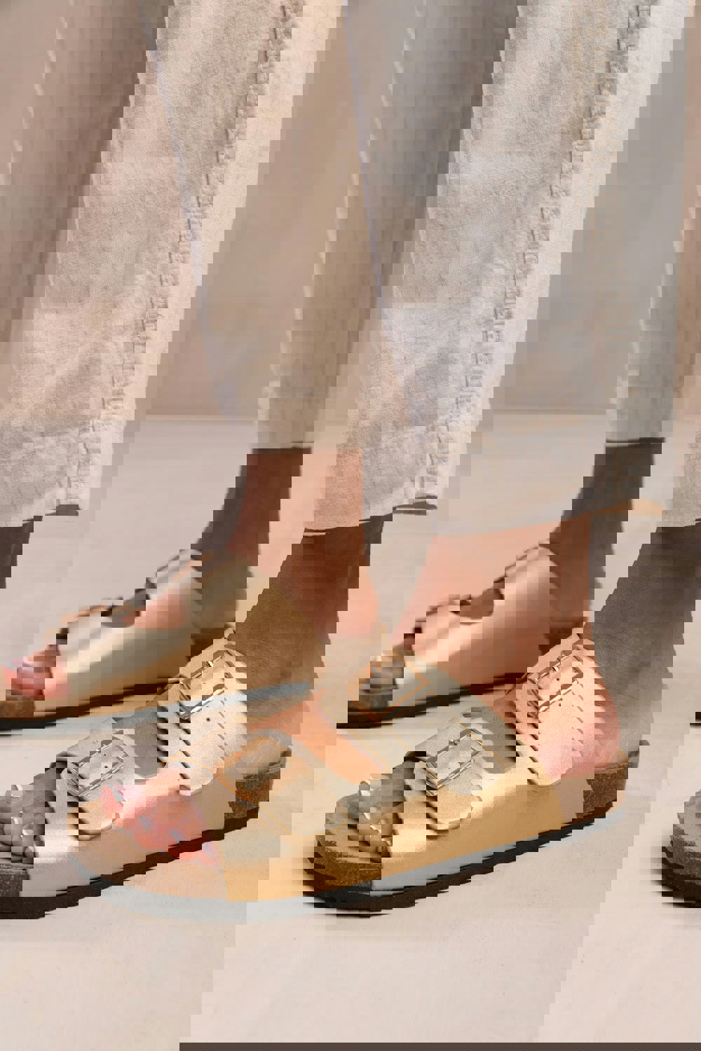 Where's That From Willow Two Strap Flat Sandals With Buckle Detail in Gold Matt Pu
