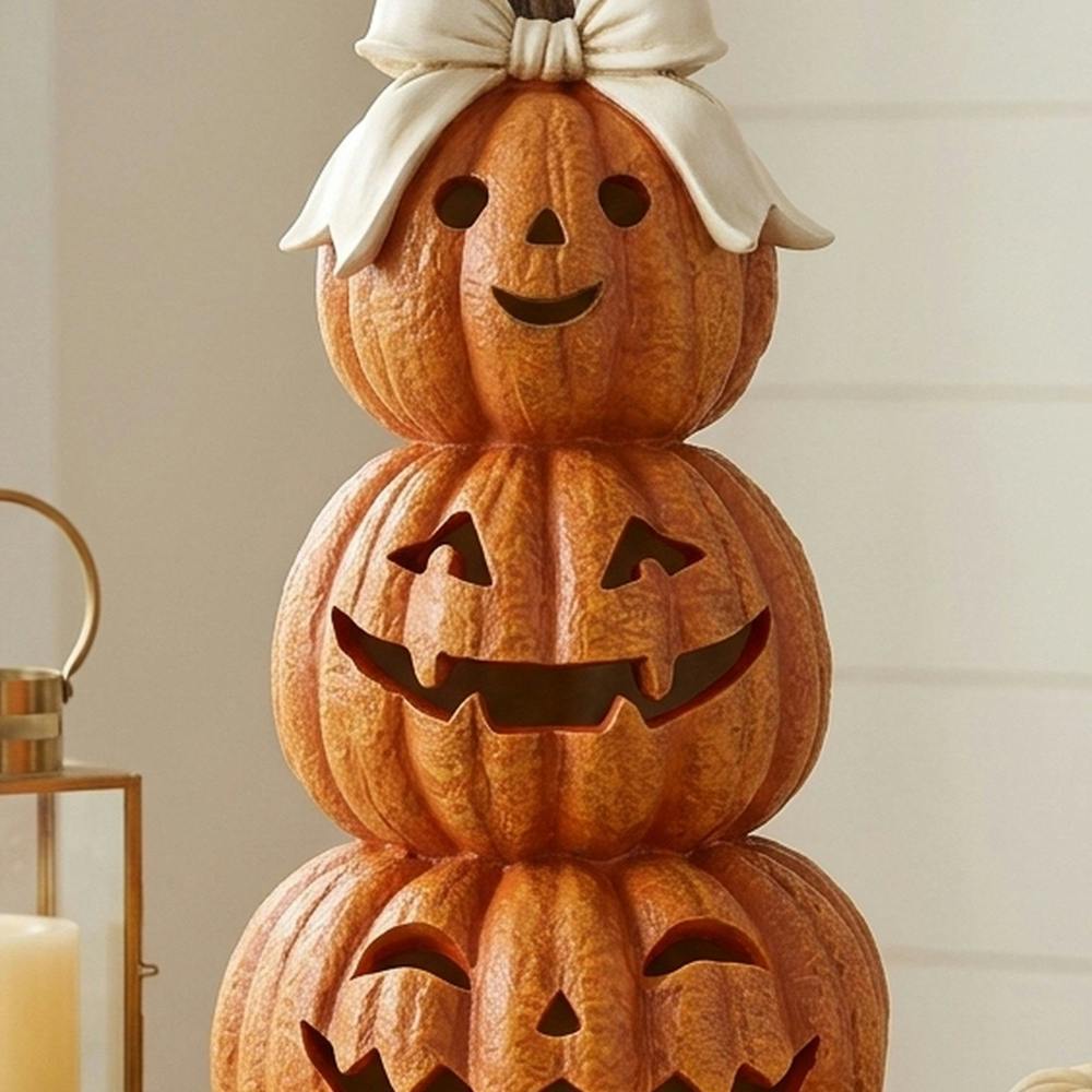 Garden Greatness Autumnal Decorative Pumpkin Stack with Cream Bow