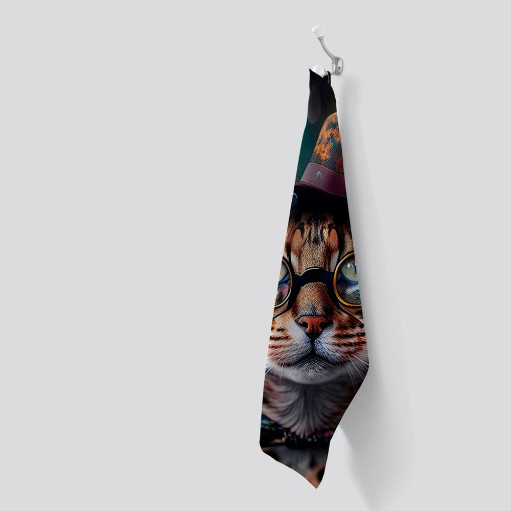 Warren Reed Bengal Cat Face With Glasses Splashart Tea Towel