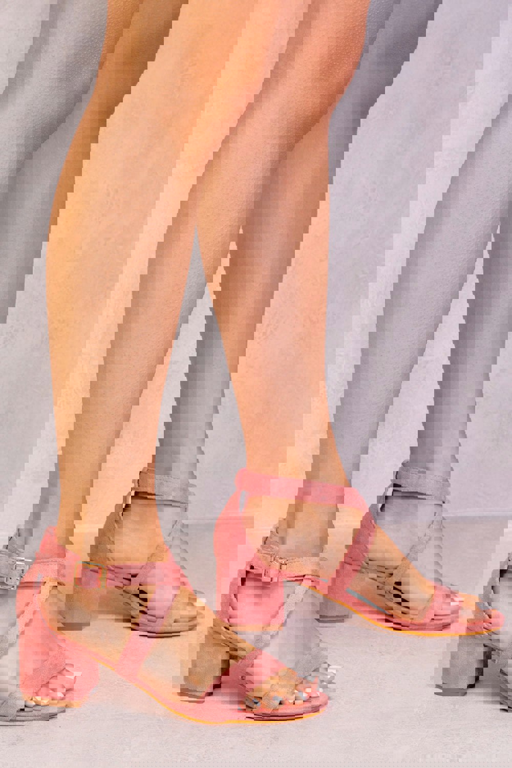 Where's That From Amber Strappy Mid High Block Heels Peep Toe in Hot Pink Suede