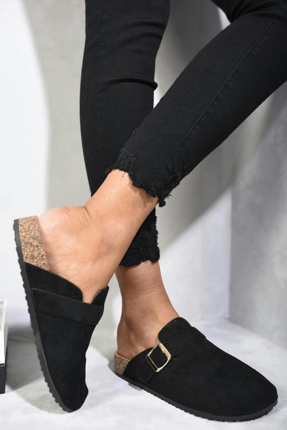 Danica Suede With Buckle Details Slip On Sandals - Black