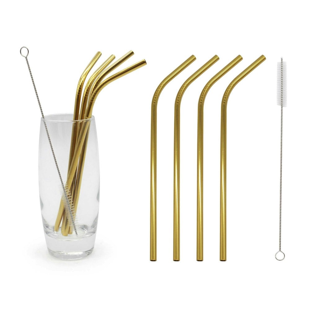 Straws Brush Drinks Set Stainless Steel Eco-friendly Gold