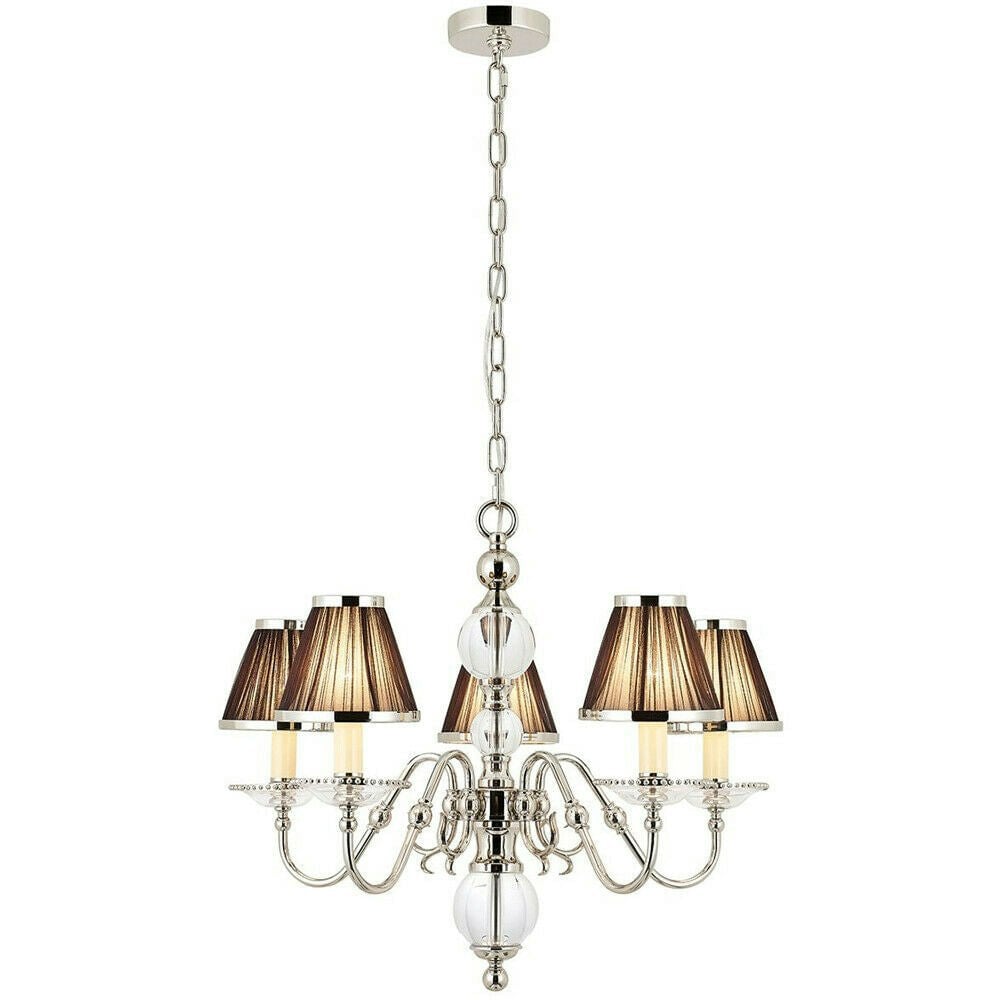 Flemish Ceiling Pendant Chandelier Polished Nickel & Brown Shades 9 Lamp Light Loops