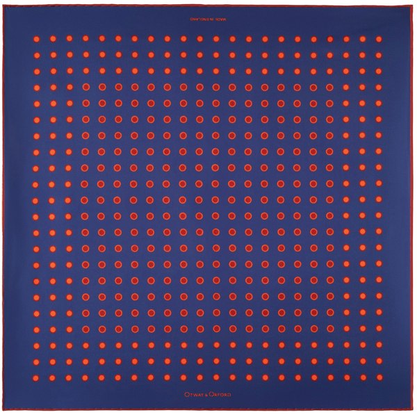 Luna polka dot silk pocket in blue with red dots by Otway & Orford