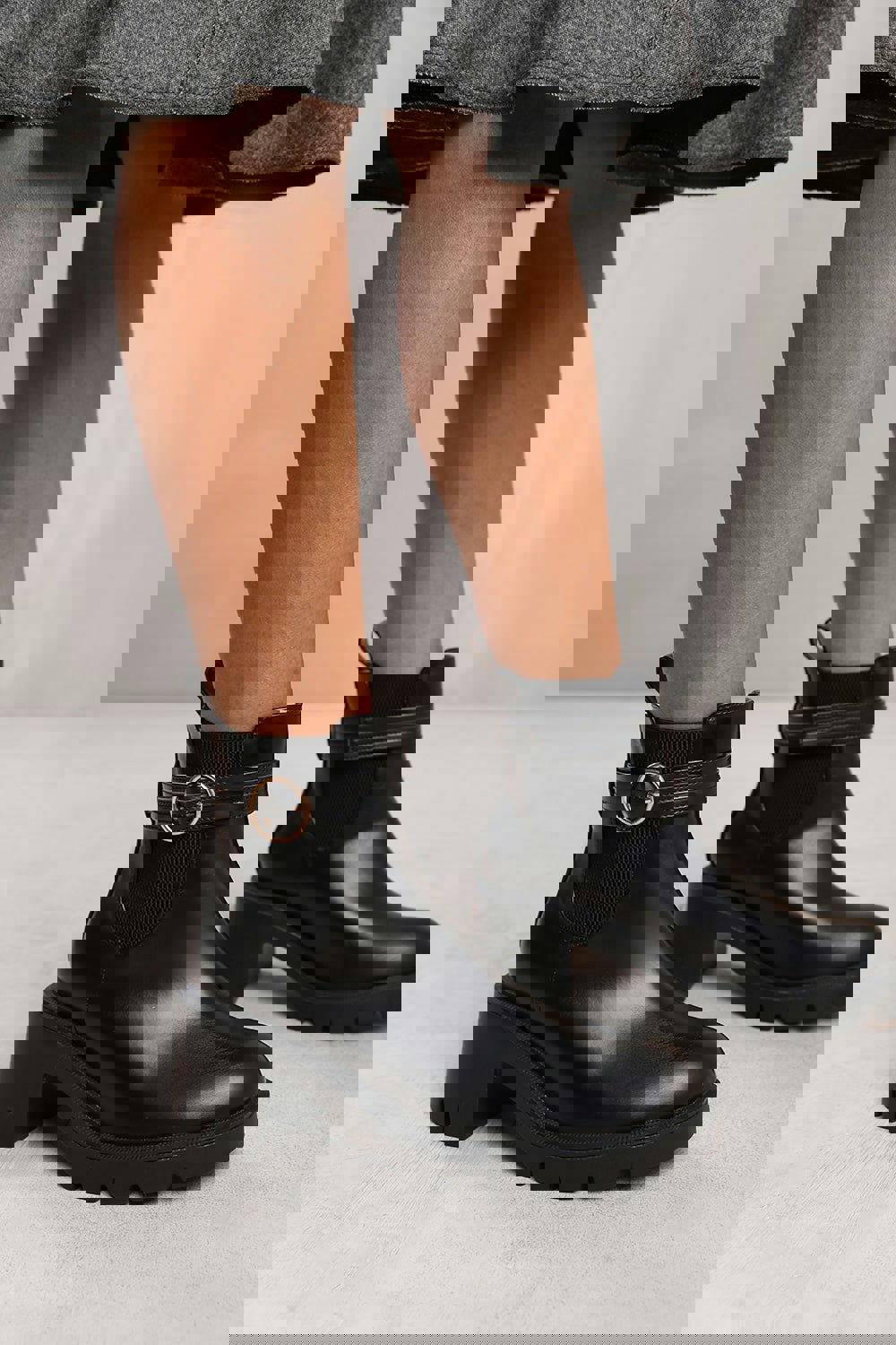 Where's That From Lyric Ankle Boot With Chunky Sole and Buckle Detail in Black Faux Leather