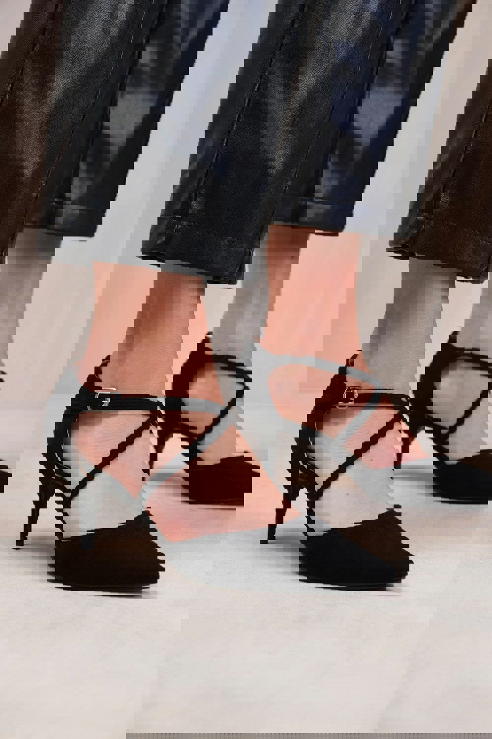 Where's That From Kennedi Low Kitten Heel With Crossover Strap in Black Suede