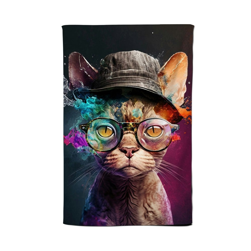 Warren Reed Devon Rex Cat With Hat Splashart Tea Towel