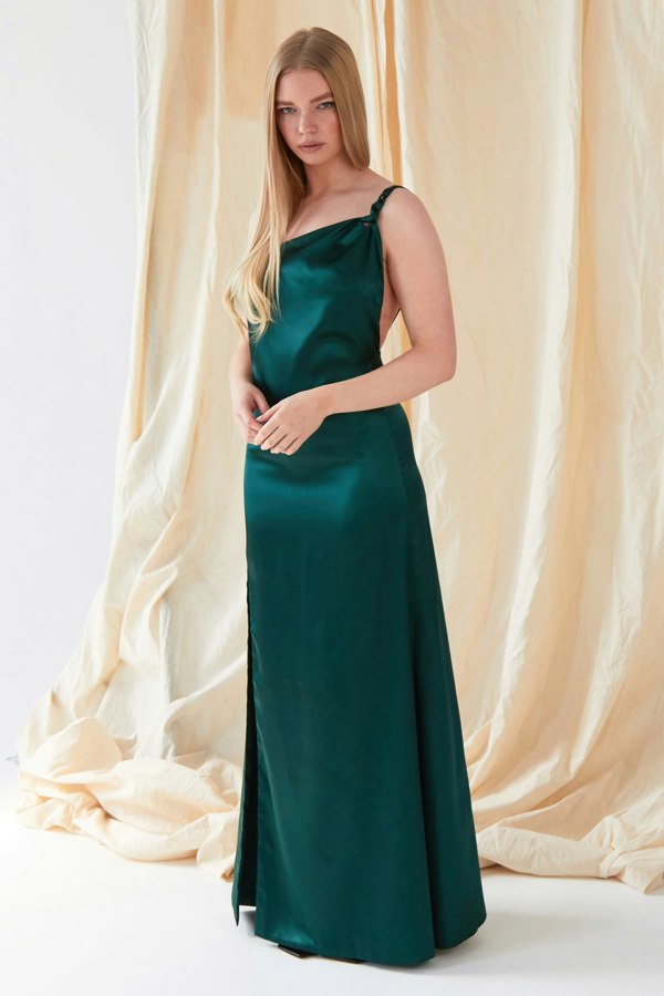 The model is wearing a Sarvin Backless Maxi Dress.