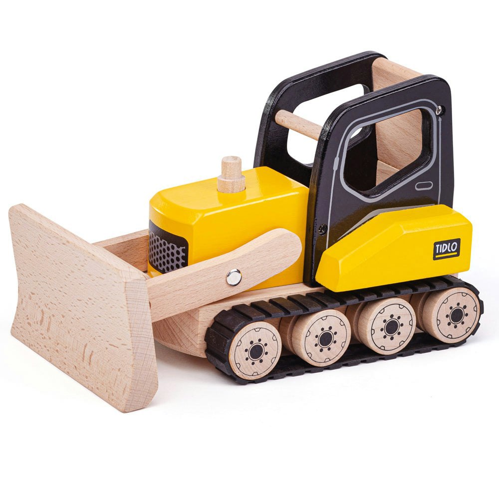 Tidlo Wooden Yellow Bulldozer Toy With Working Caterpillar Tracks & Movable Front Blade