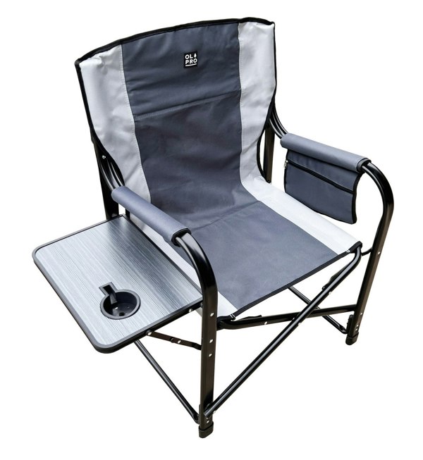 The OLPRO Directors Camping Chair in grey with the side table up pictured with a white background.