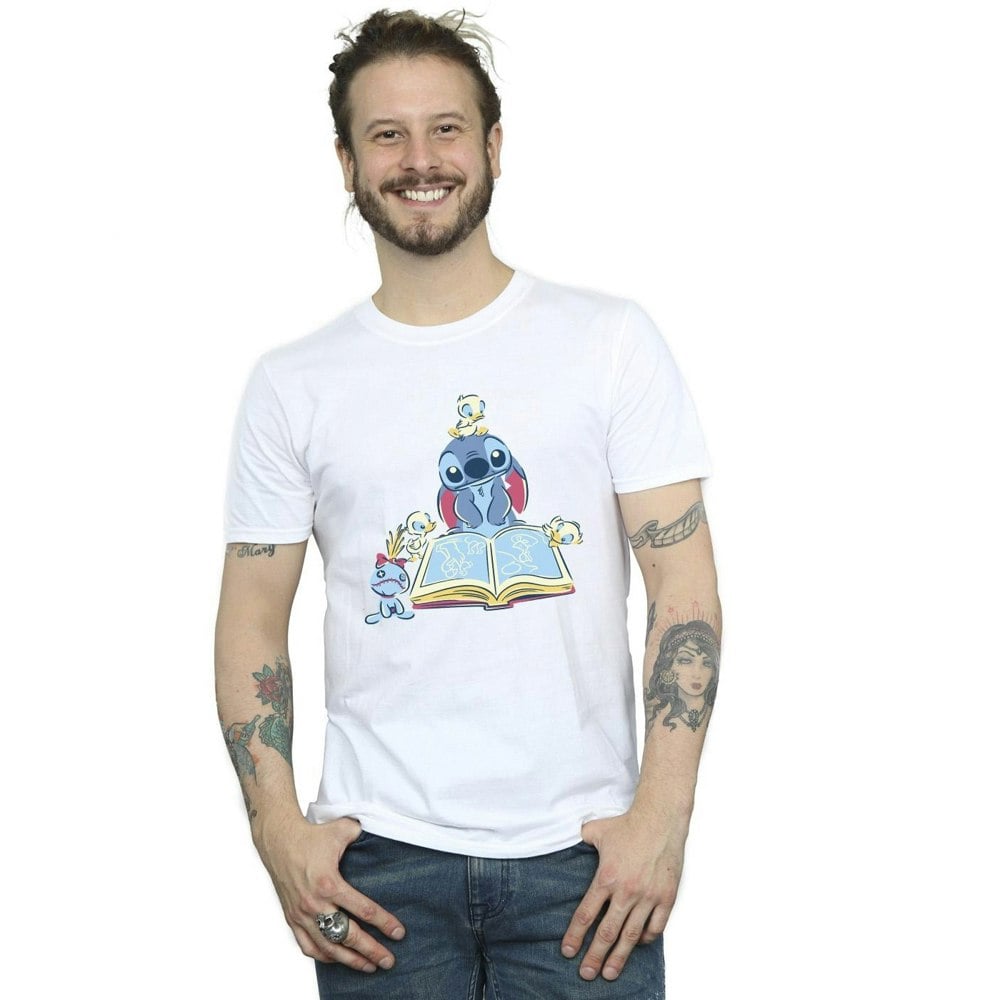 Disney Mens Lilo & Stitch Reading A Book T-Shirt - White