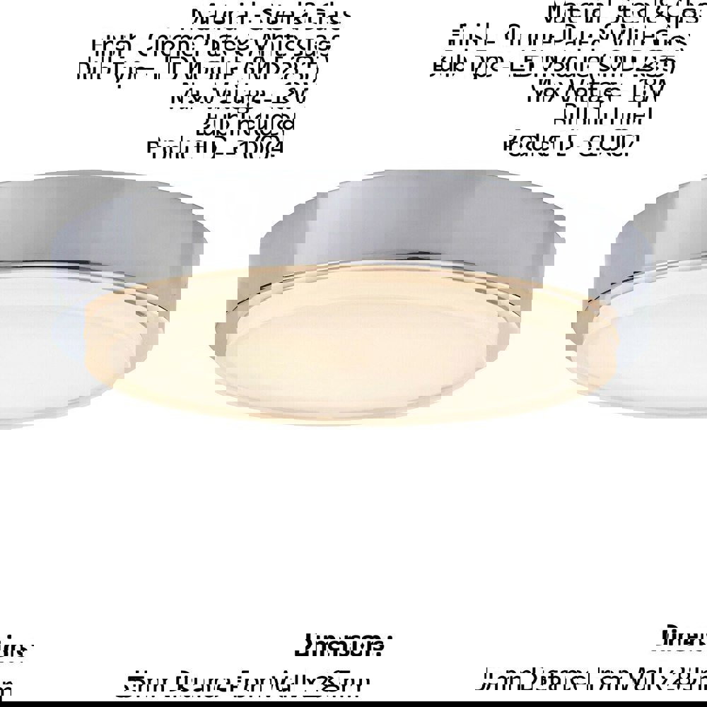 Flush Bathroom Ceiling Light IP44 Chrome Plate & White Glass 18W LED module Loops