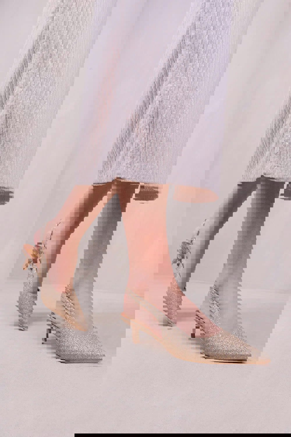 Where's That From New Form Wide Fit Low Kitten Heels With Pointed Toe & Elastic Slingback in Gold Fine Glitter